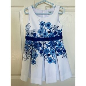EUC Florence Eiseman Girls Blue White Pique Flower Dress Satin Bow size 4 Sample